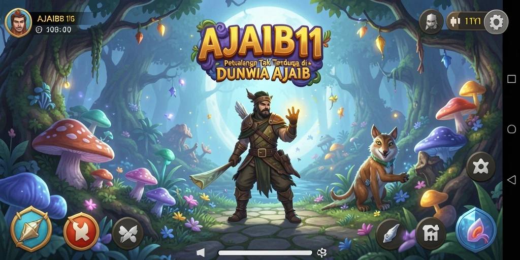 Screenshot menampilkan karakter utama menjelajahi hutan ajaib yang penuh warna.