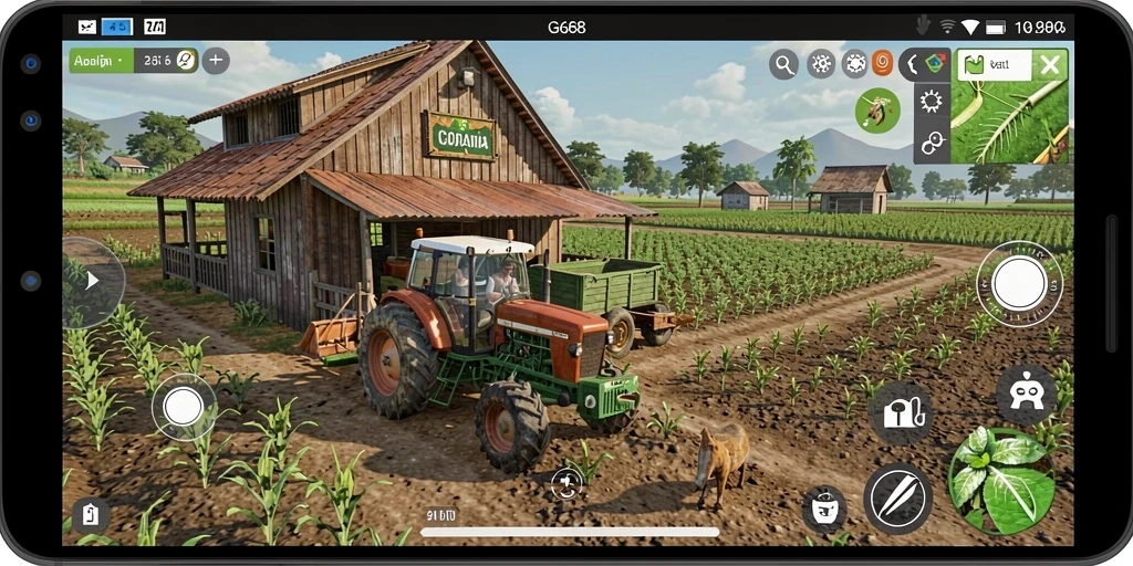 Tampilan gameplay G668 yang menggambarkan aktivitas berkebun dan panen.