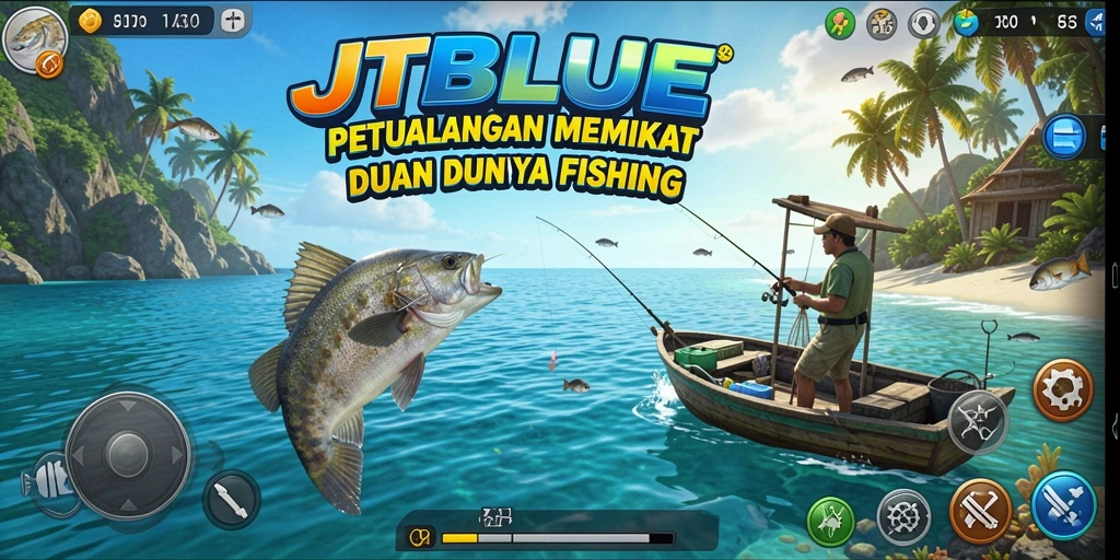 Screenshot JTBLUE menampilkan pemain menangkap ikan di pemandangan yang indah.