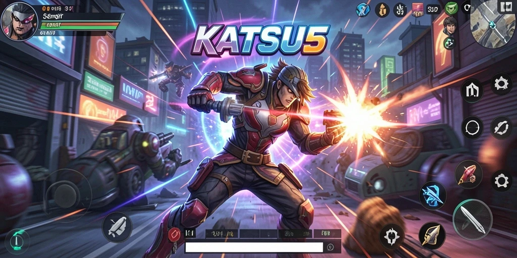 Screenshot gameplay KATSU5 yang menunjukkan aksi pertarungan seru.