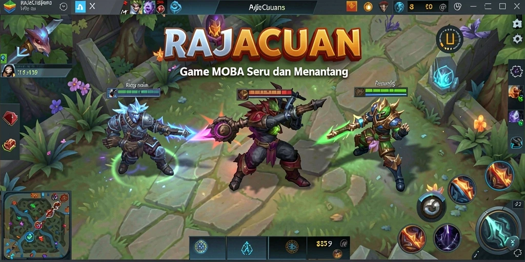 Tampilan seru dari gameplay RAJACUAN yang menunjukkan aksi MOBA yang mendebarkan.