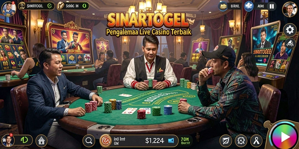 Screenshot dari gameplay SINARTOGEL yang menampilkan dealer langsung dan interaksi yang menyenangkan.