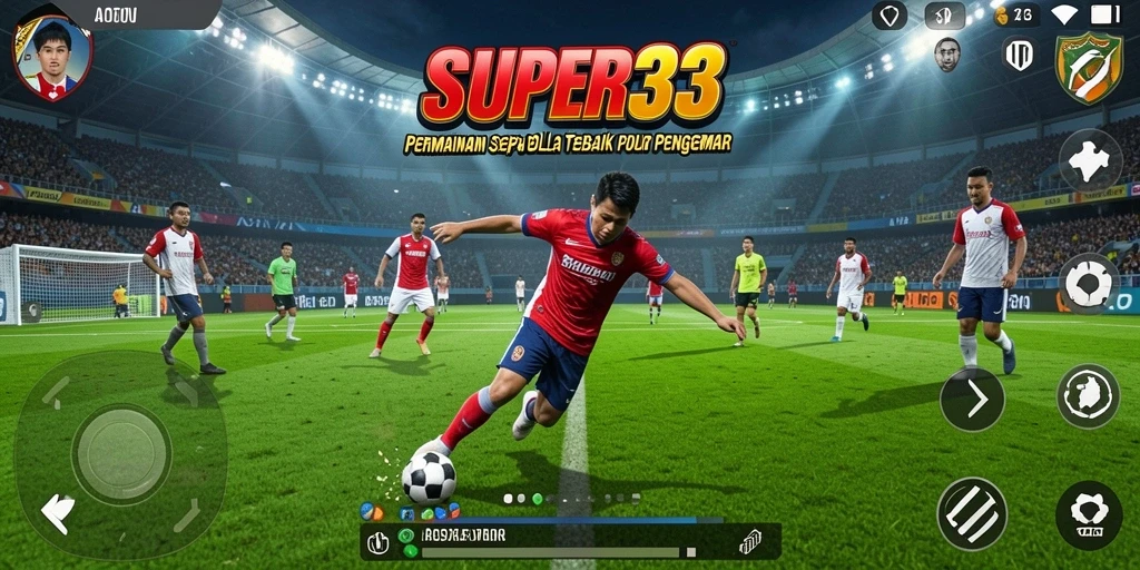 Tampilan gameplay SUPER33 dengan aksi sepak bola yang seru.