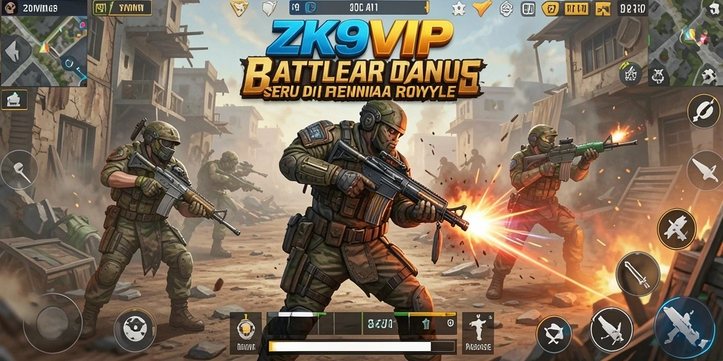 Screenshot gameplay ZK9VIP menampilkan aksi pertempuran intens di arena Battle Royale.